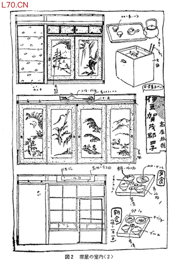 1926年1月，今和次郎与朋友在伊豆西海岸一处旅馆度假时，记录下旅馆窗格、装饰纹样和餐品    出版社供图